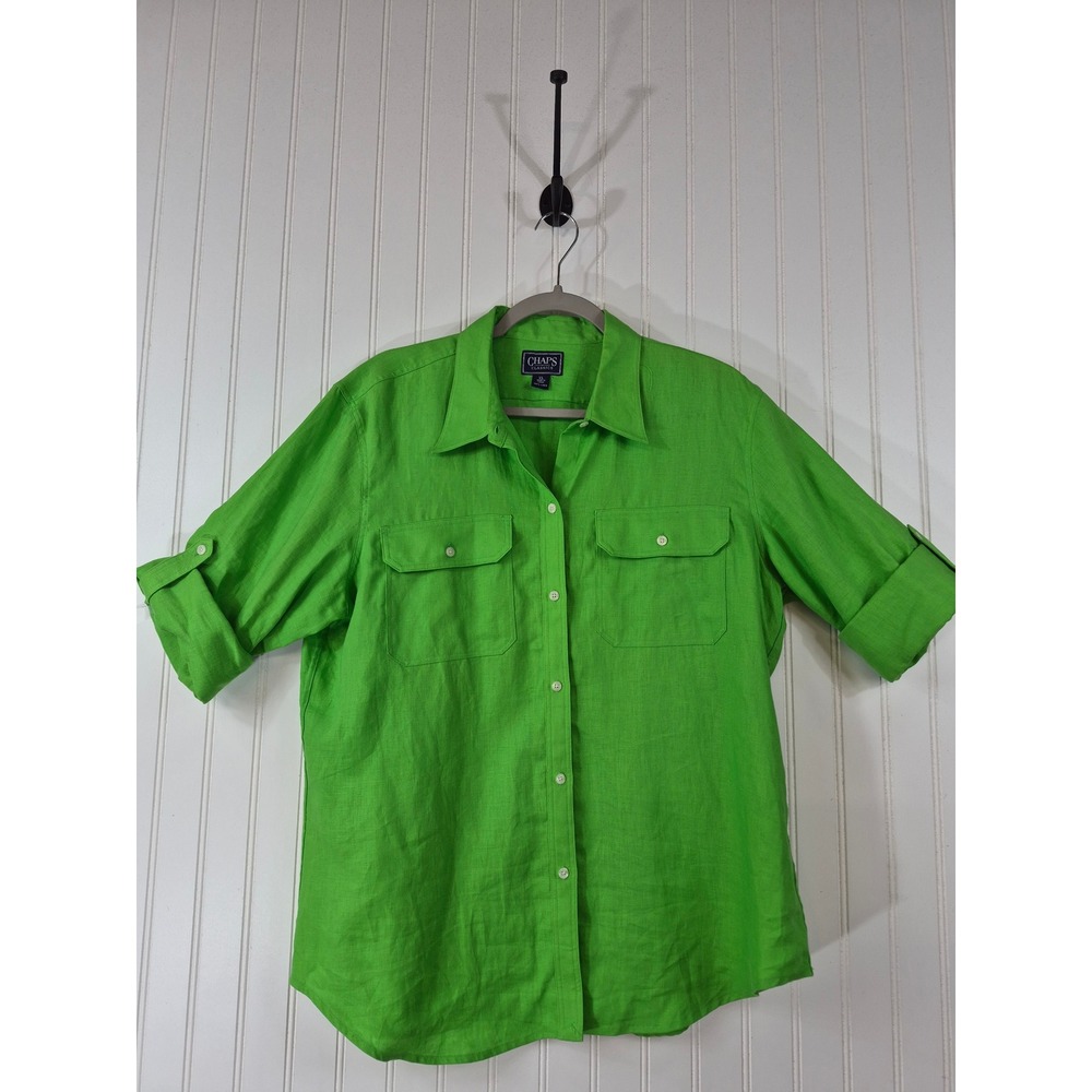 Chaps Classics Womens XL Lime Green 100% Linen Roll Tab Sleeve Button Down Shirt